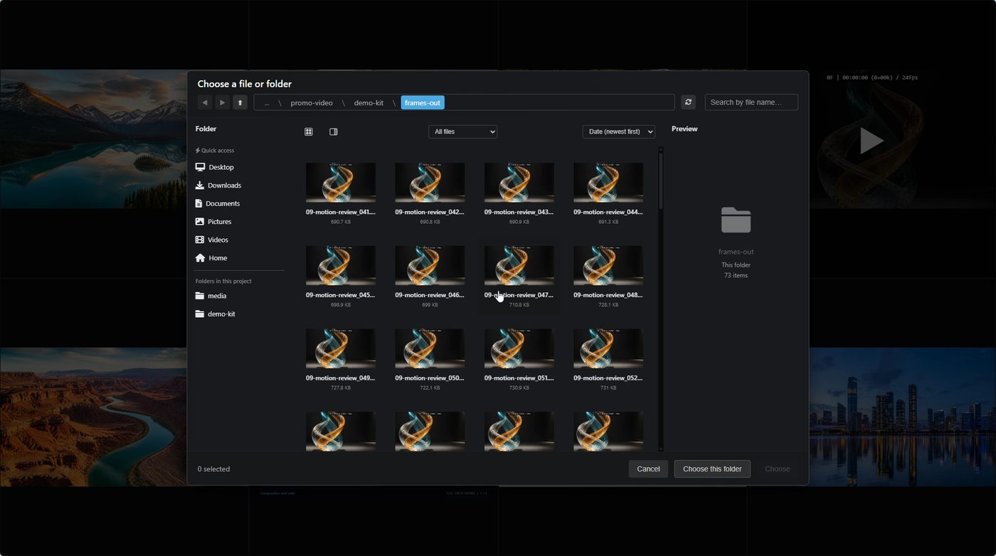 A range of video being exported as numbered stills, one per frame