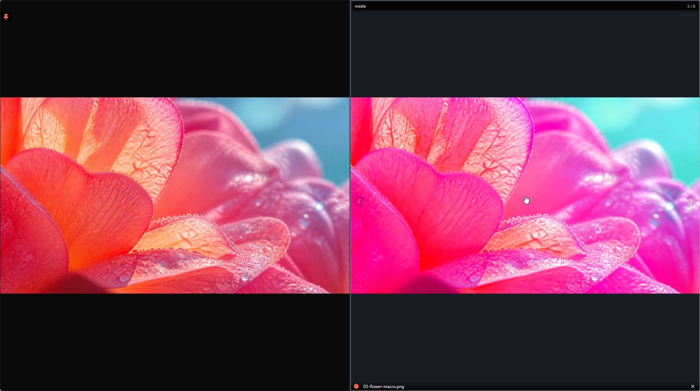 同じ写真を2つのパネルに並べ、左を固定して色を変える前の状態を残している画面